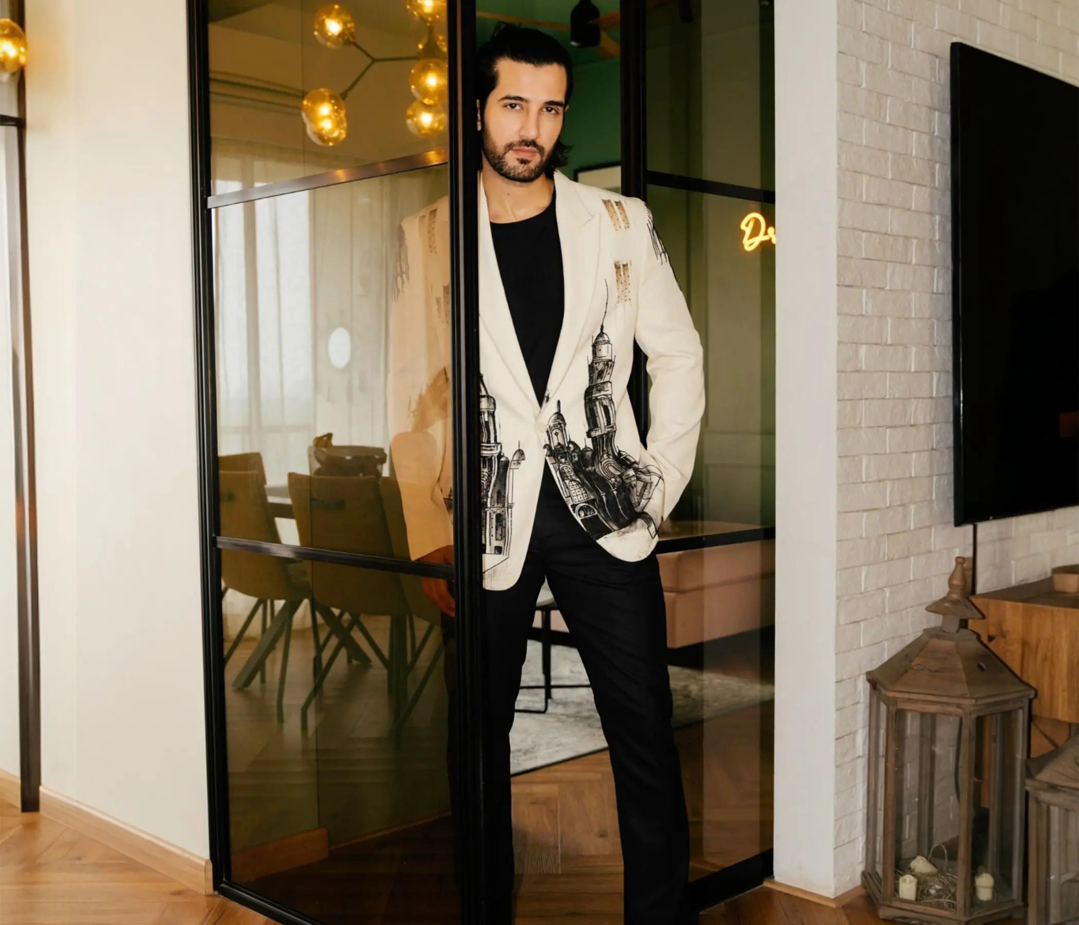 Aditya Seal Celebrity Collection – Hand Painted Ivory Architectural Art Blazer